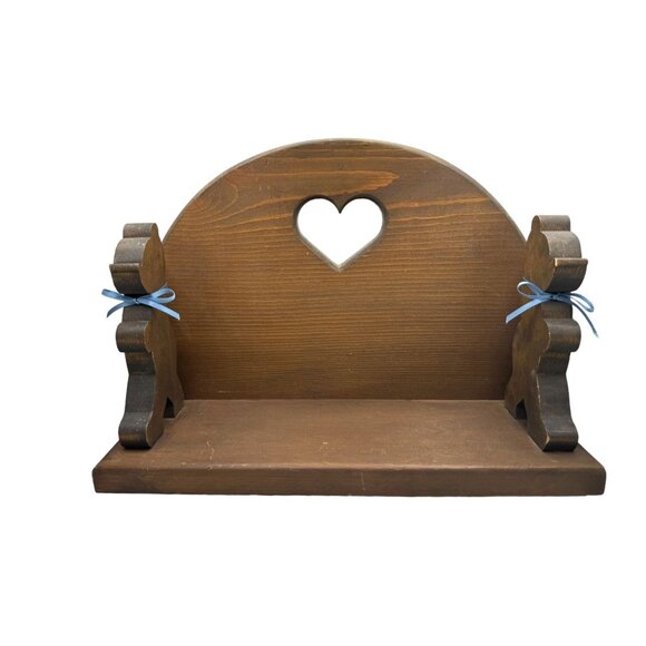 Handcrafted Wooden Shelf With Heart Cutout & Bear Figures - Picture 1 of 11